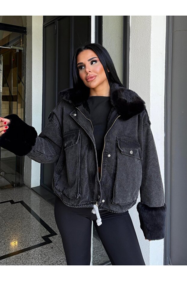 Kadın Kürklü Denim Kadın Mont - 1