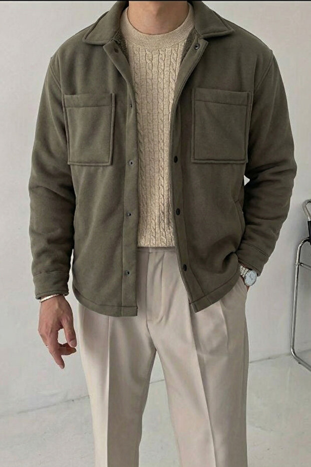 Premium Men's Fleece Lined Snap Fastener Khaki Jacket Ls-89921