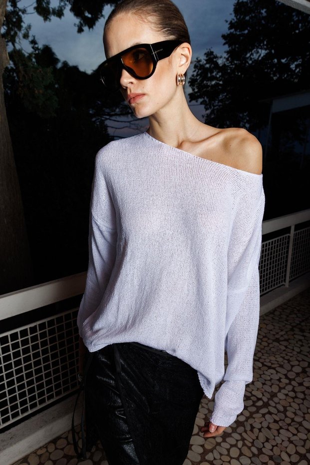 6933 Women's Boat Neck Slim Seasonal Knitwear Sweater White