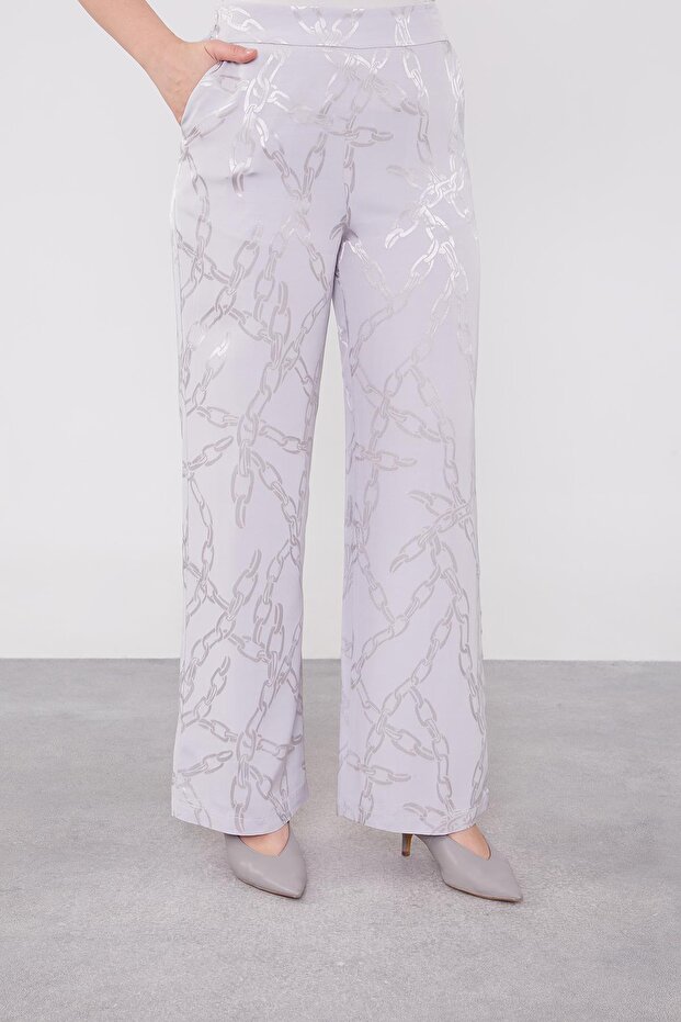 Gray Ruffle Button Detailed Chain Pattern Double Set - 5