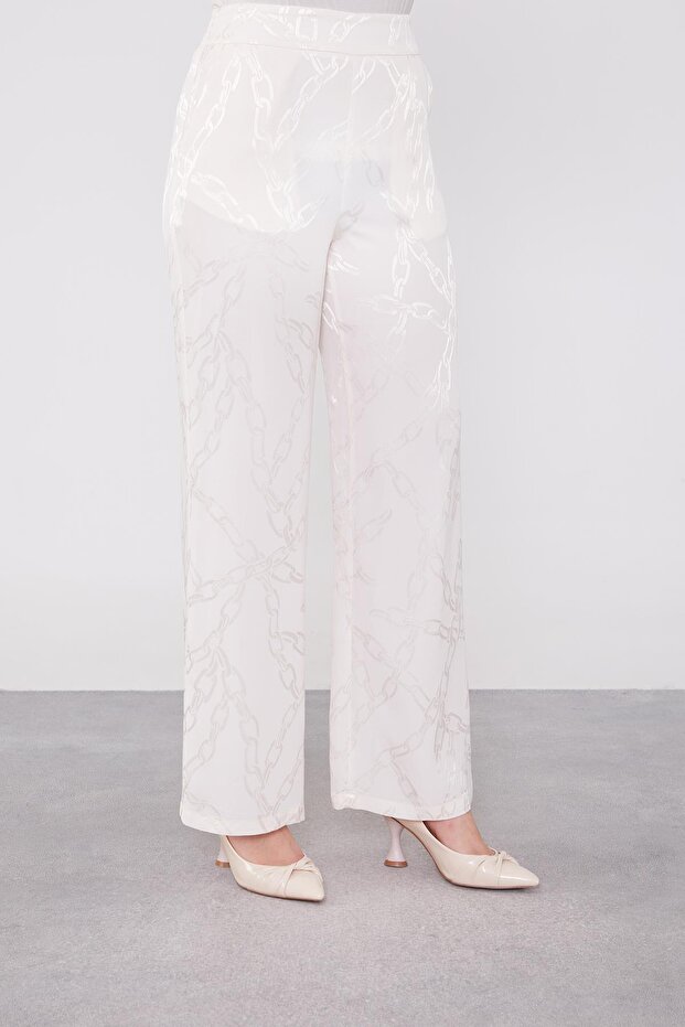 Ecru Ruffle Button Detailed Chain Pattern Double Set - 5