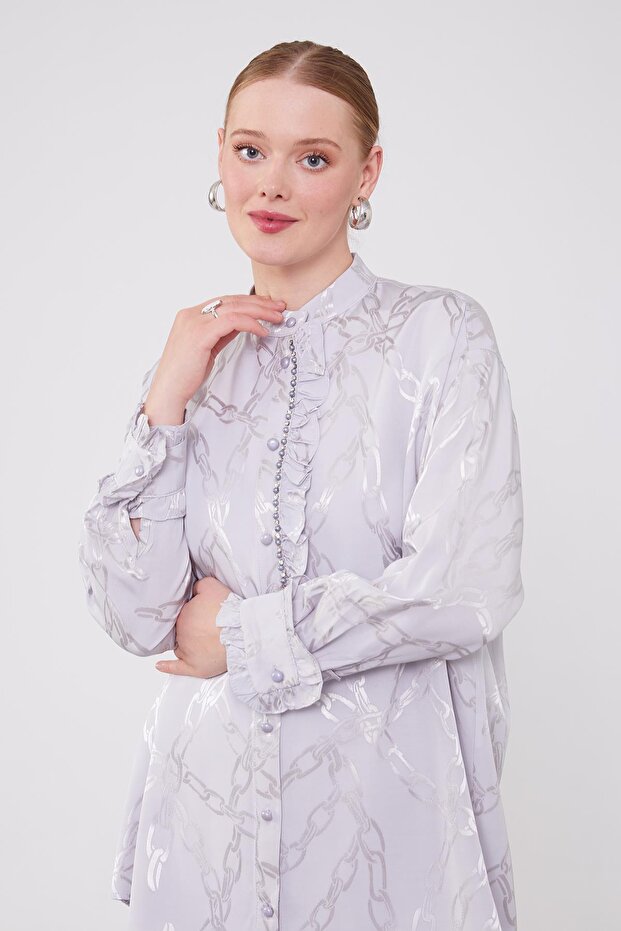 Gray Ruffle Button Detailed Chain Pattern Double Set - 3