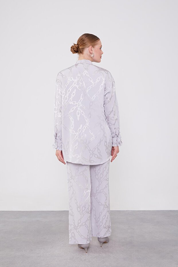 Gray Ruffle Button Detailed Chain Pattern Double Set - 6