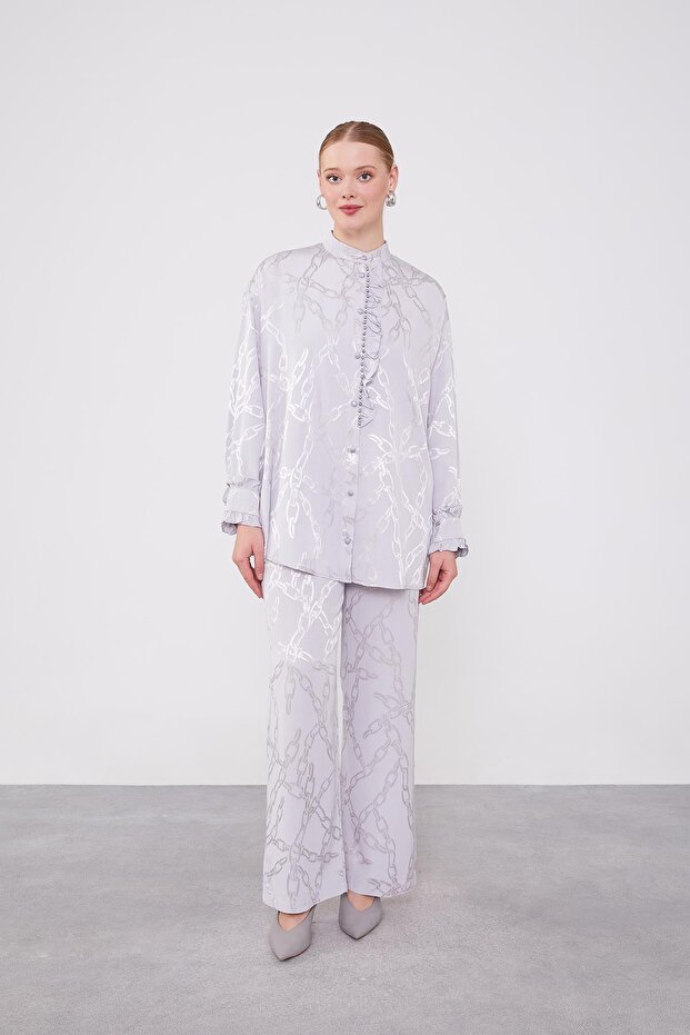 Gray Ruffle Button Detailed Chain Pattern Double Set - 1