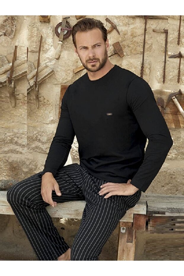 Men's Cotton Jacquard Long Sleeve Six Plaid Pajama Set 3375