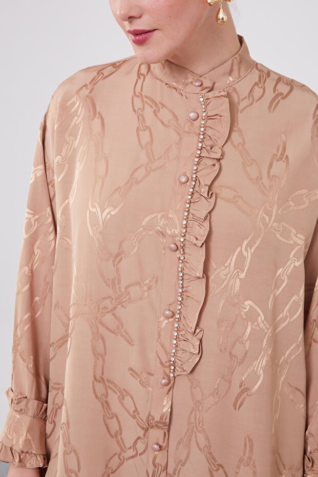 طقم مكون من قطعتين بنمط سلسلة مزخرفة بأزرار مكشكشة بلون الجمل - 4