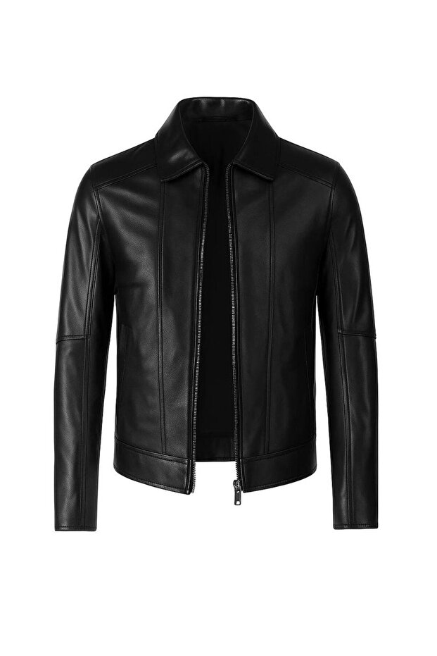Men's Black Plain Zippered Genuine Leather Jacket
