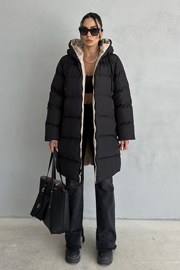 Double-Sided Oversized Women's Puffer Jacket – Hooded Regular Fit, Black/Beige - 5