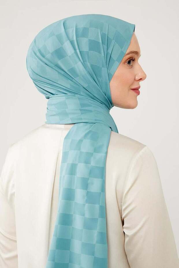 Turquoise Checkerboard Pattern Jacquard Elegance Shawl
