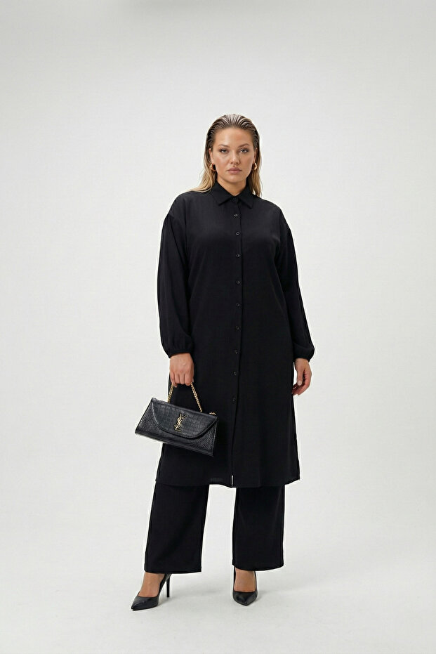 Bürümcük Fabric Shirt Collar Tunic Set Buttoned Along the Length Suitable for Hijab Plus Size