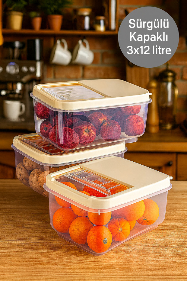 12 Lt Multi-Purpose Food with Easy Sliding Lid, Pulses and Etc. Storage Container 3 Pieces