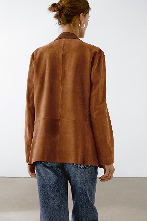 Dökümlü süet deri blazer - 4