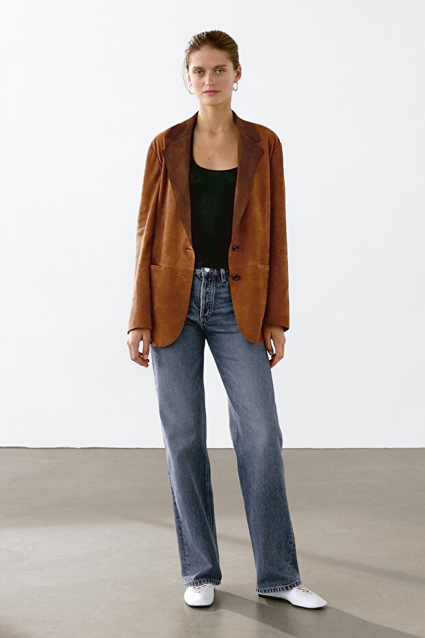 Dökümlü süet deri blazer - 1