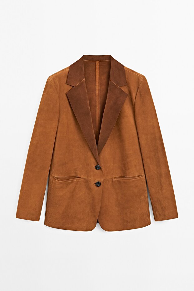 Dökümlü süet deri blazer - 5