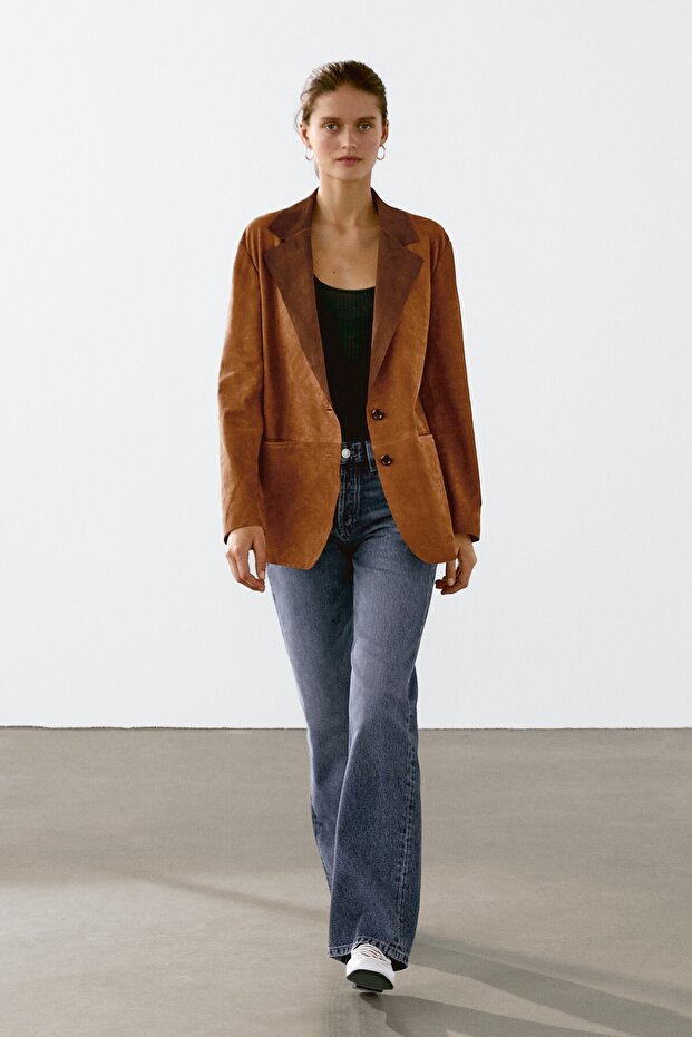 Dökümlü süet deri blazer - 3