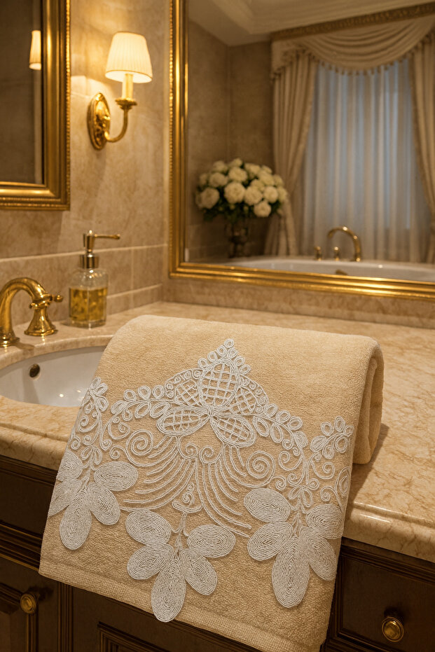 French Laced Sparkle Cappuccino Velvet Towel 50&90