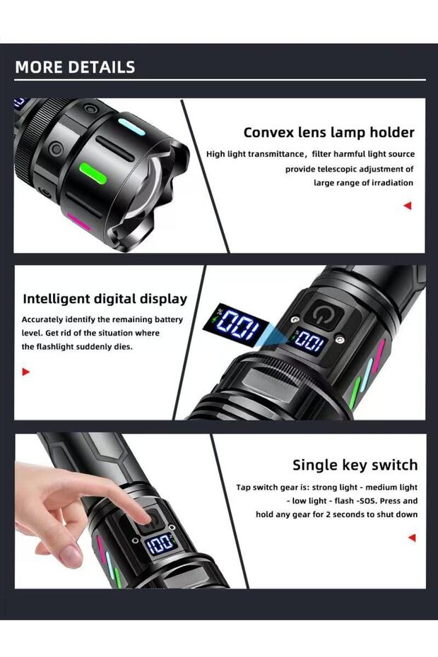 Rechargeable LED Flashlights, Super Bright Zoomable Flashlight with 5 Modes, with LCD display - 3