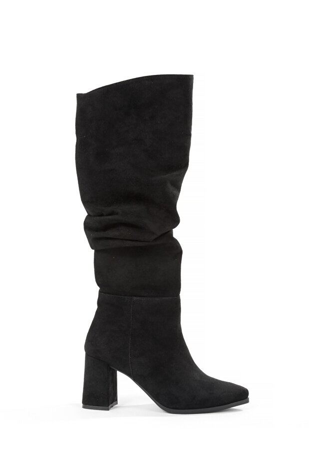 Black Suede Thick Heeled Crinkled Gusseted Women's Boots - Kc
