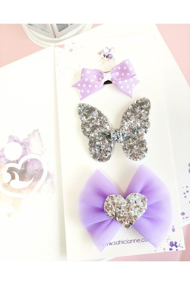 3-Piece Sparkle Lilac Silver Hairless Baby Hair Clip Set - Special Set for Babies with Less Hair