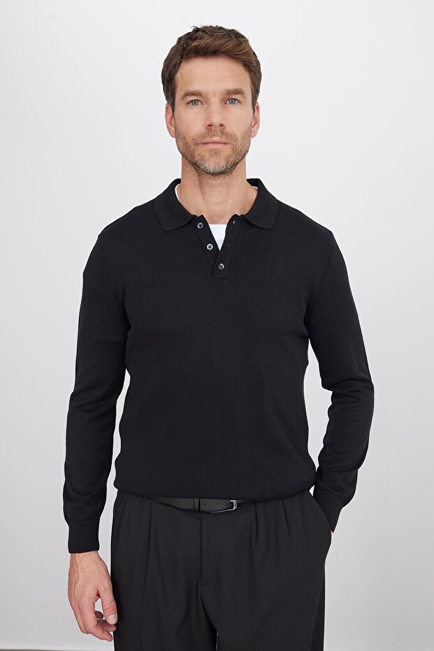 Men's Standard Fit Regular Cut Cotton Polo Neck Black Sweater
