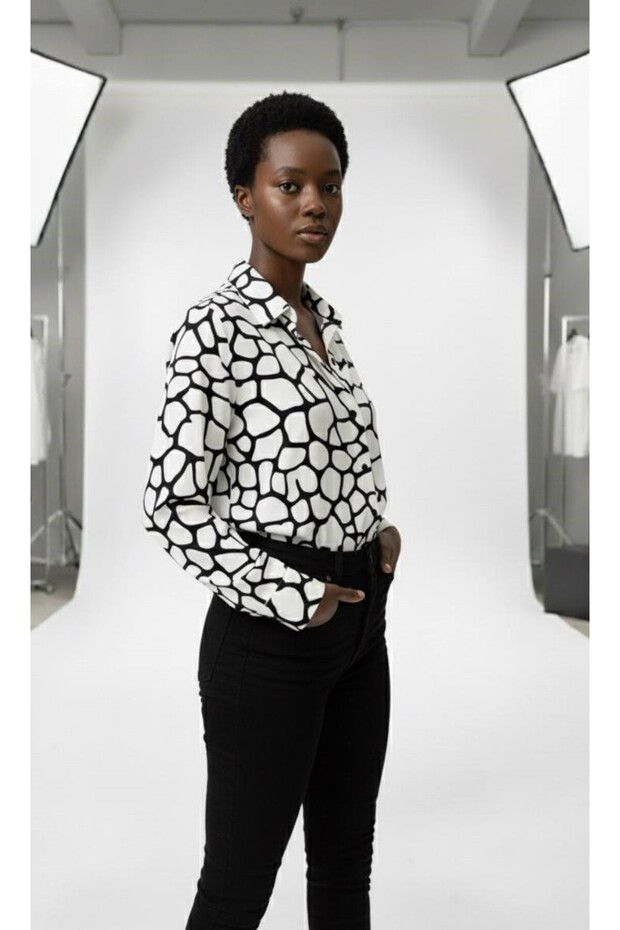 Chiffon Satin Fabric Animal Pattern Shirt Black White