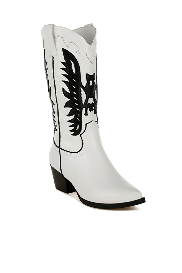 Women Winged Patchwork Cowboy Boots in White