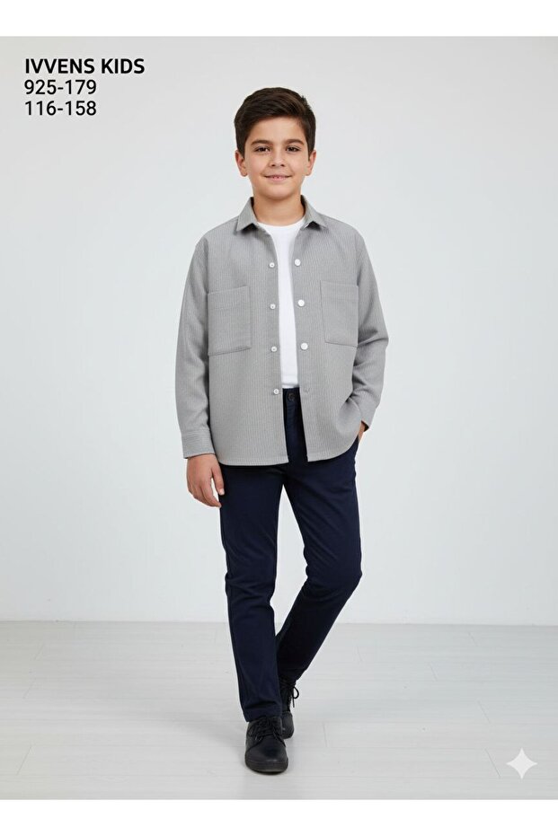 Kids Striped Fabric Patterned Children's Shirt with Snap Fasteners and Corduroy Pockets