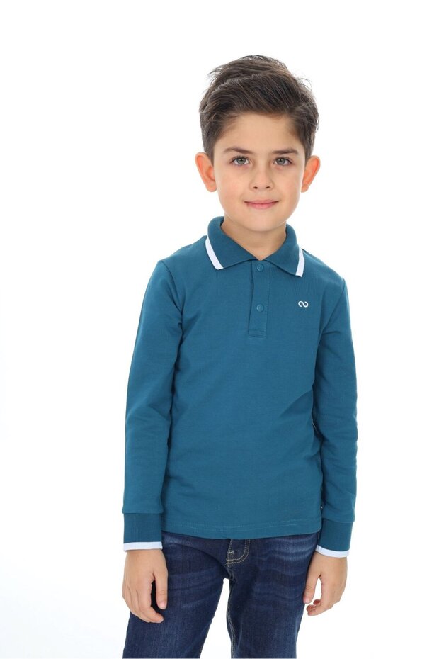 Boy's Printed Polo Neck Buttoned Long Sleeve T-Shirt