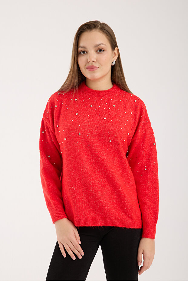 Women's Knit Sweater with Scattered Stone Detail