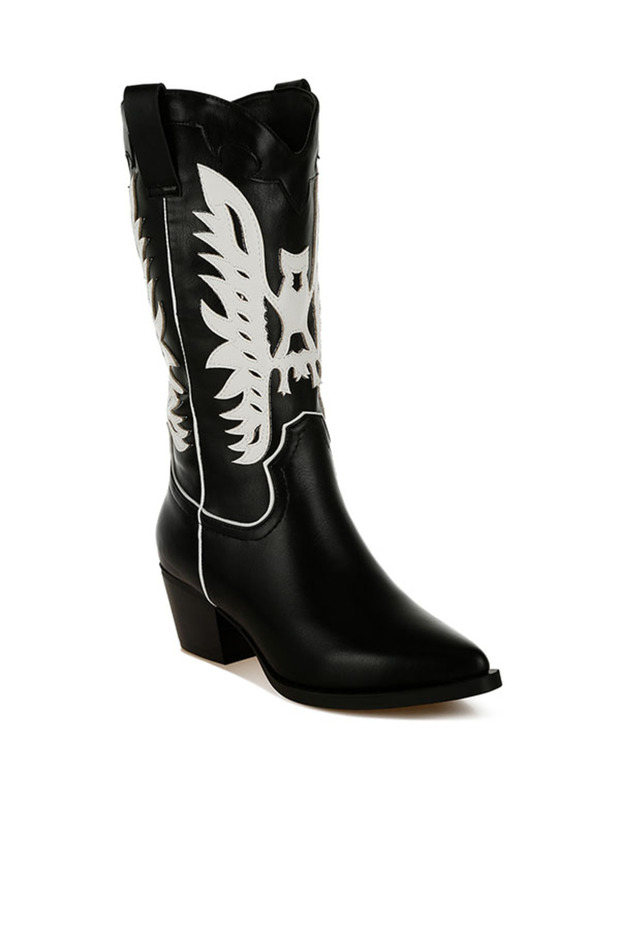Women Winged Patchwork Cowboy Boots in Black