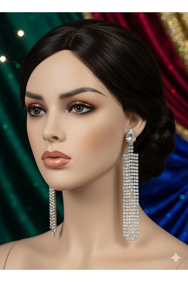 Silver Color Zircon Stone Model Women's Long Earrings