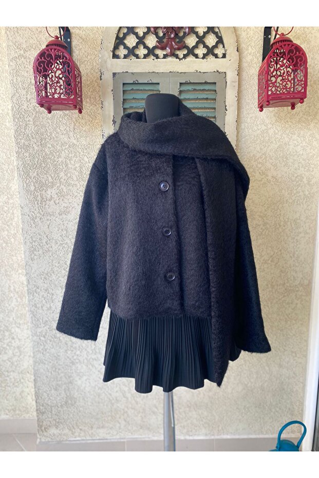 Atlı Detaylı Kaşe Kaban Siyah - 6