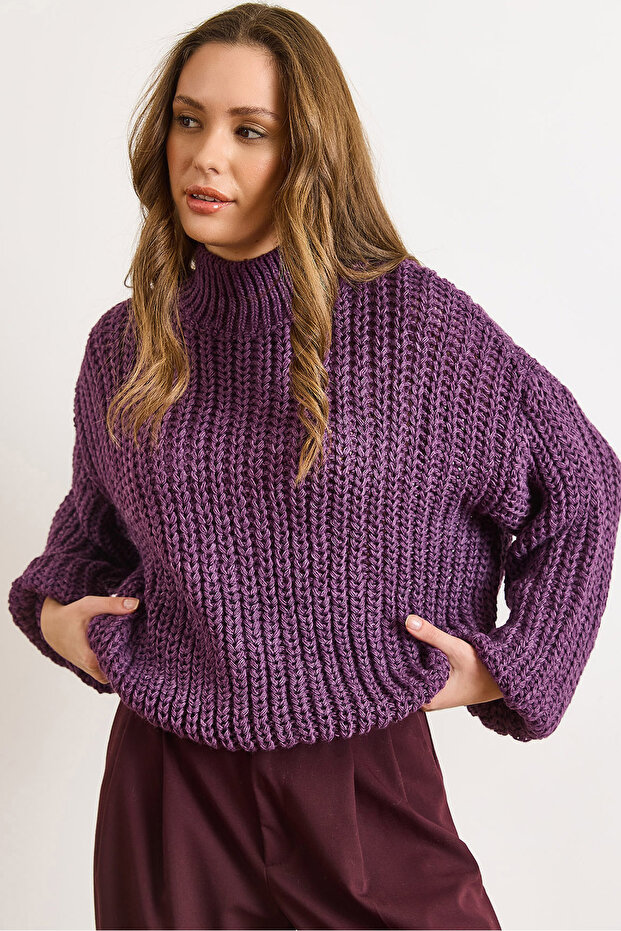 Women's Purple Mock Neck Flexible Thick Knit Sweater Kzk-19001083