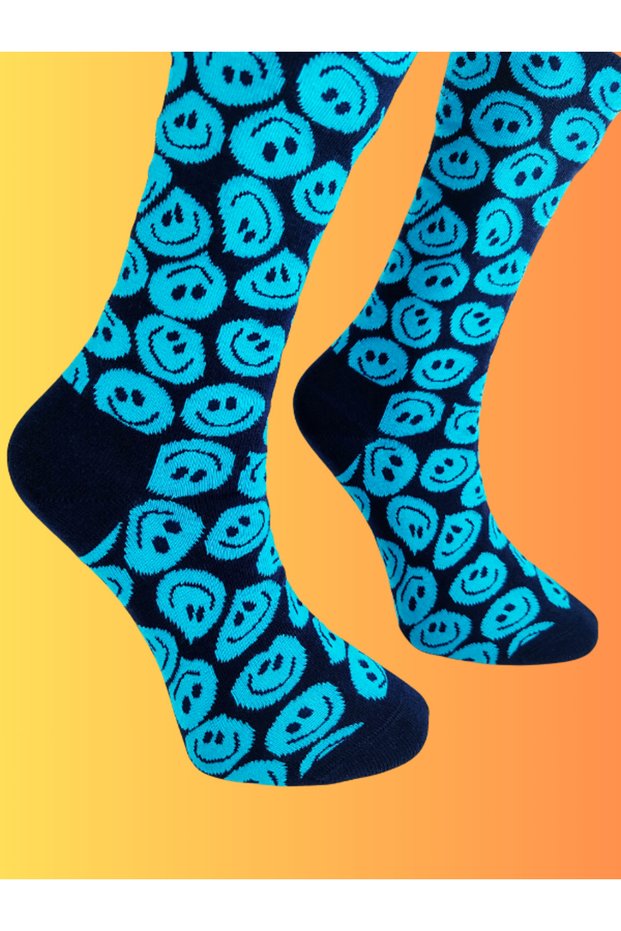 Special Series Happy Blue Colored Smiley Patterned Socks Fun Comfortable Stylish Design Style Socks