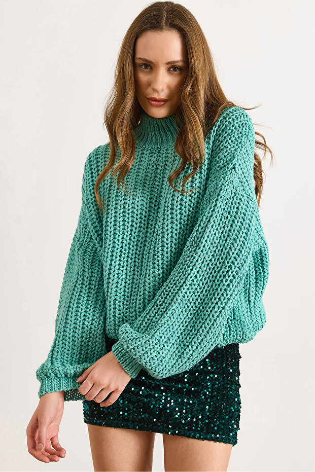 Women's Mint Green Mock Neck Stretchy Thick Knit Sweater Kzk-19001083
