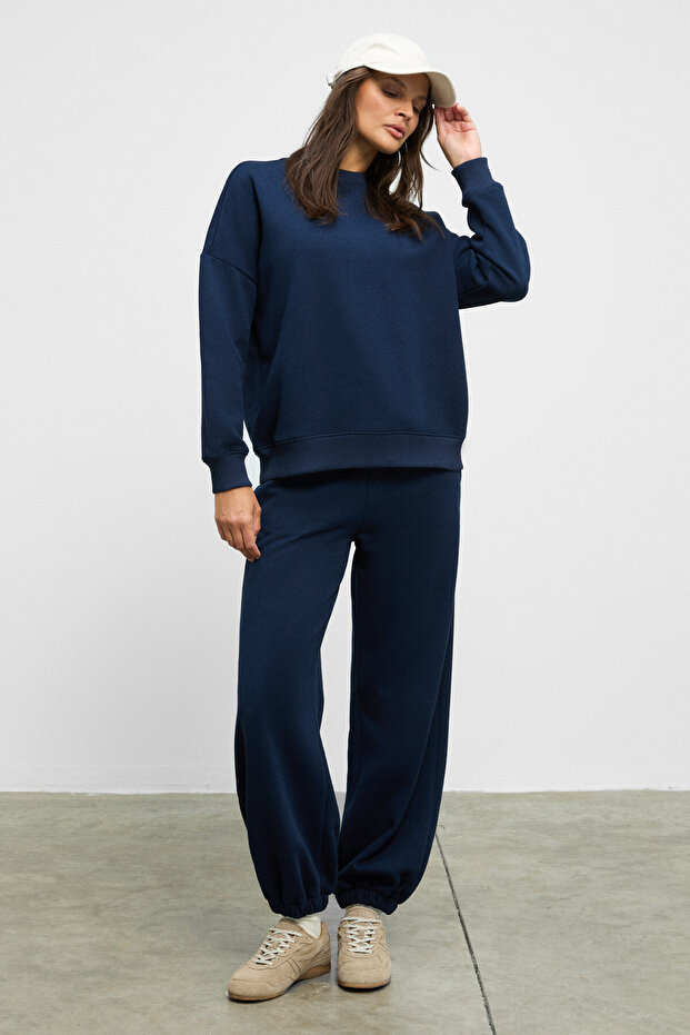 Carica Women's Organic Cotton Inside Fleece O Oversized Fit Waist and Leg Elasticated Drawstring Navy Blue Top and Bottom