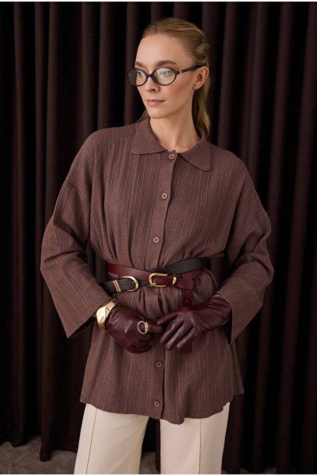 %100 Deri Uzun Eldiven Bordo - 3