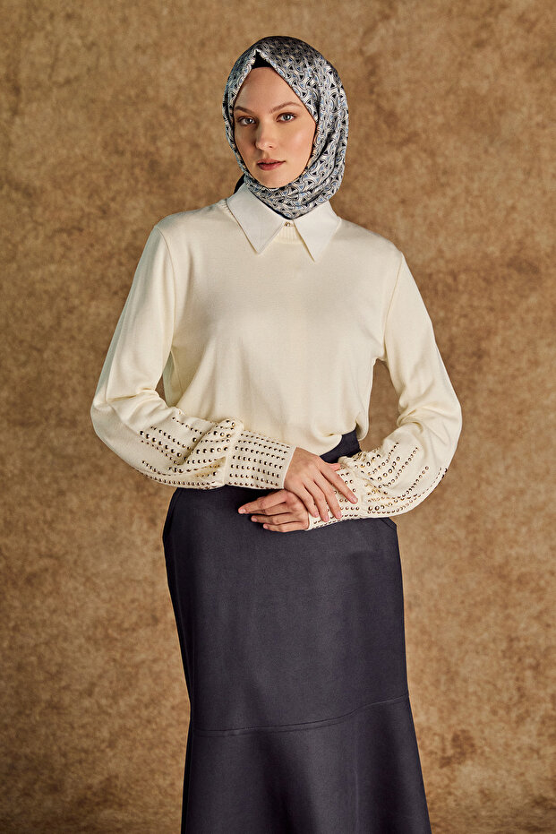 Taş Detaylı Triko Bluz - 3