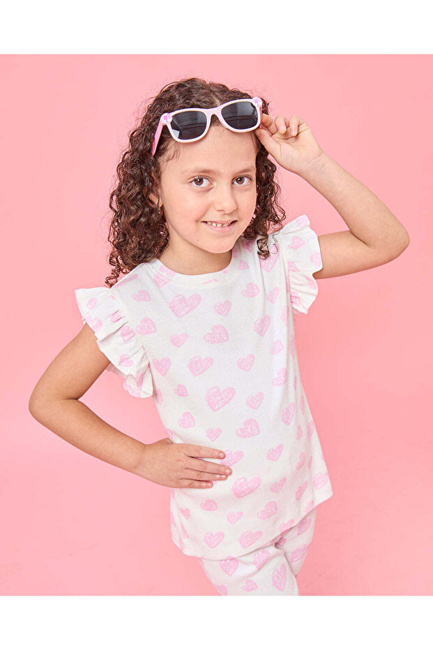 Girls White Heart Printed Rib T-Shirt