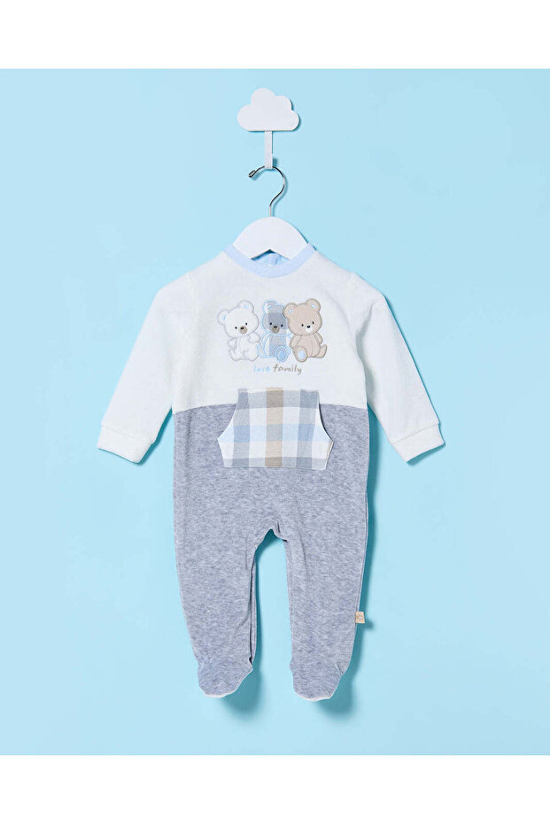 Baby White And Grey Velour Sleepsuit