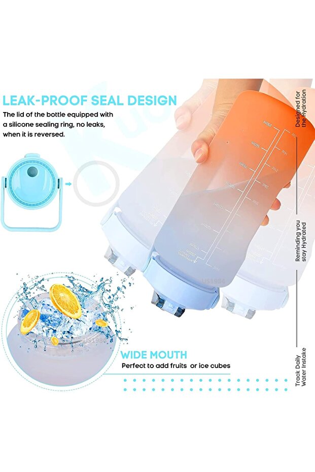 Extra large water bottle with straw, lid lock system, 2000 ml, time marker with messages - 7