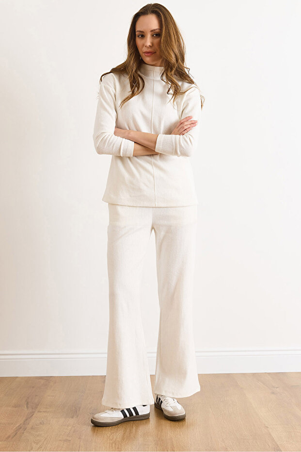 Women's Ecru Bottom Pocket Pants Top Mock Neck Blouse Fleece-Lined Set Tkm-19000254