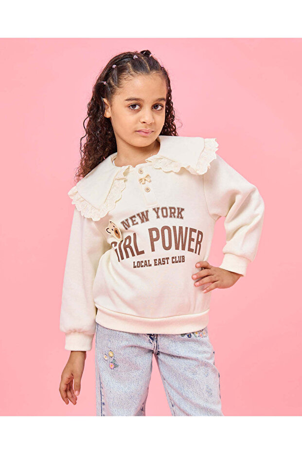 Girls Beige Lace Embellished Sweatshirt