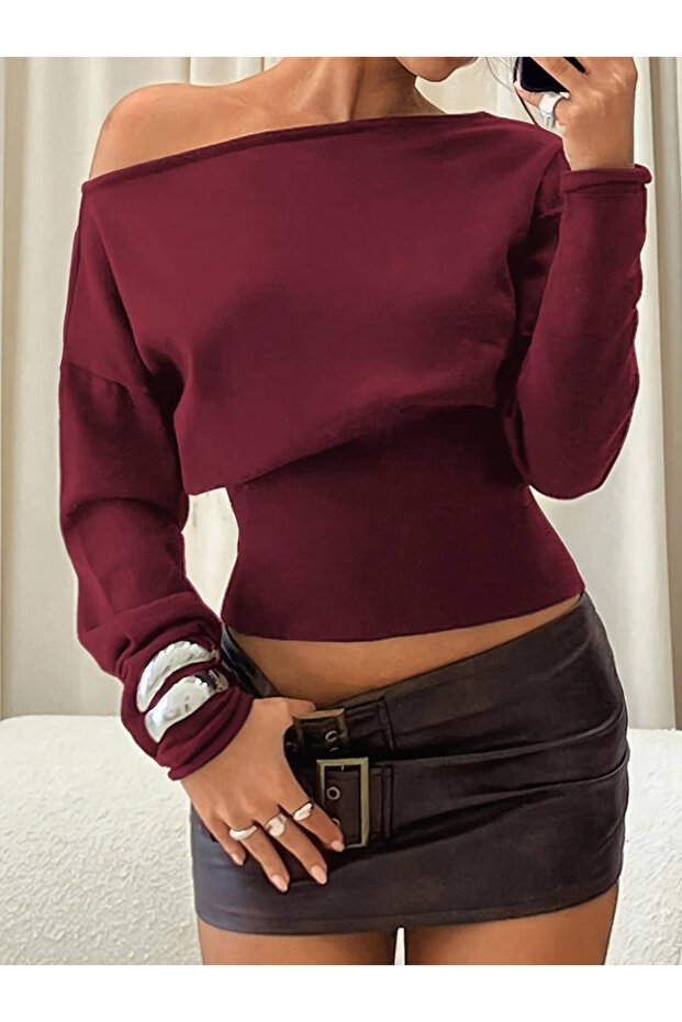 Women's Boat Neck Thick Ribbed Sweatshirt with Waist Adjustment