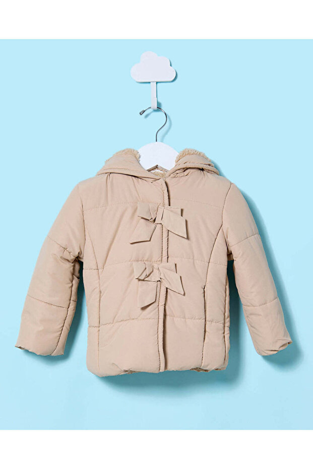 Infant Girls Beige Padded Jacket With Hoodie