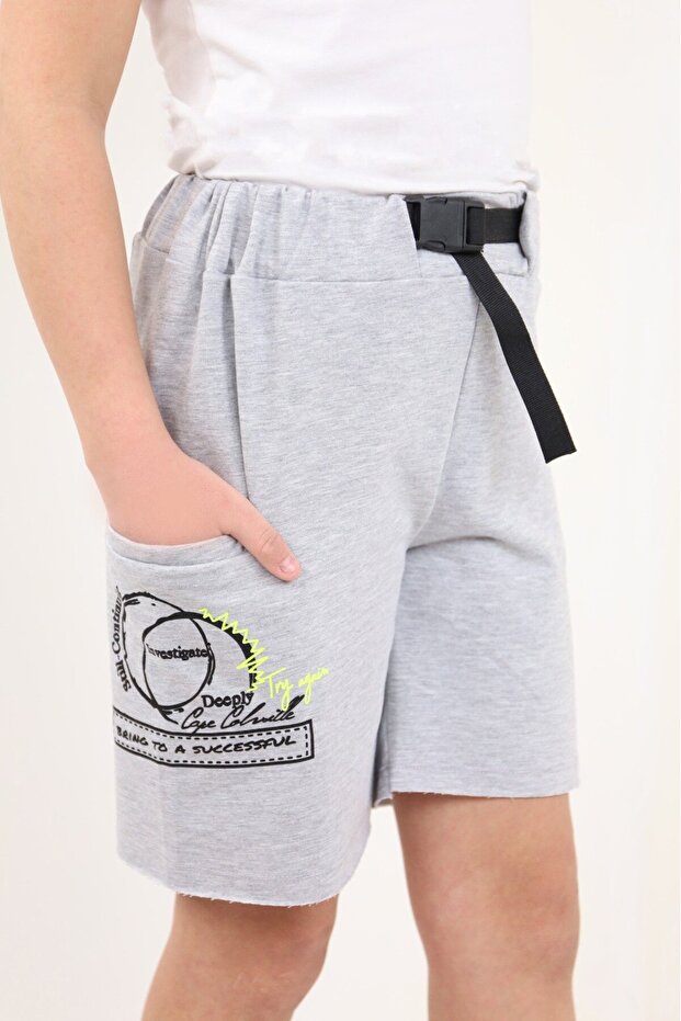 Boy's Printed Single Pocket Shorts with Elastic Waist - Belt Detail