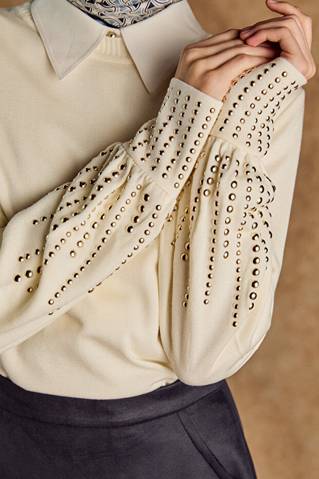 Taş Detaylı Triko Bluz - 5