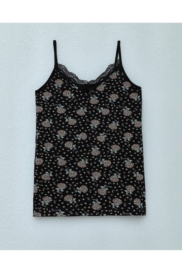 Lace Patterned Undershirt with Rope Straps - Black