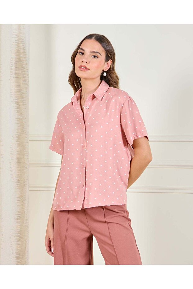 Women Pink Polka Dot Printed Button Front Shirt