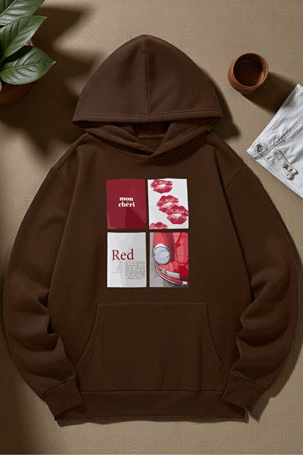 Unisex Red Mon Cheri Printed Hooded Sweatshirt